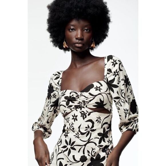 NWT Zara Blogger’s Favorite Linen Floral Gathered Short Puff Sleeves Midi Dress - Picture 4 of 16